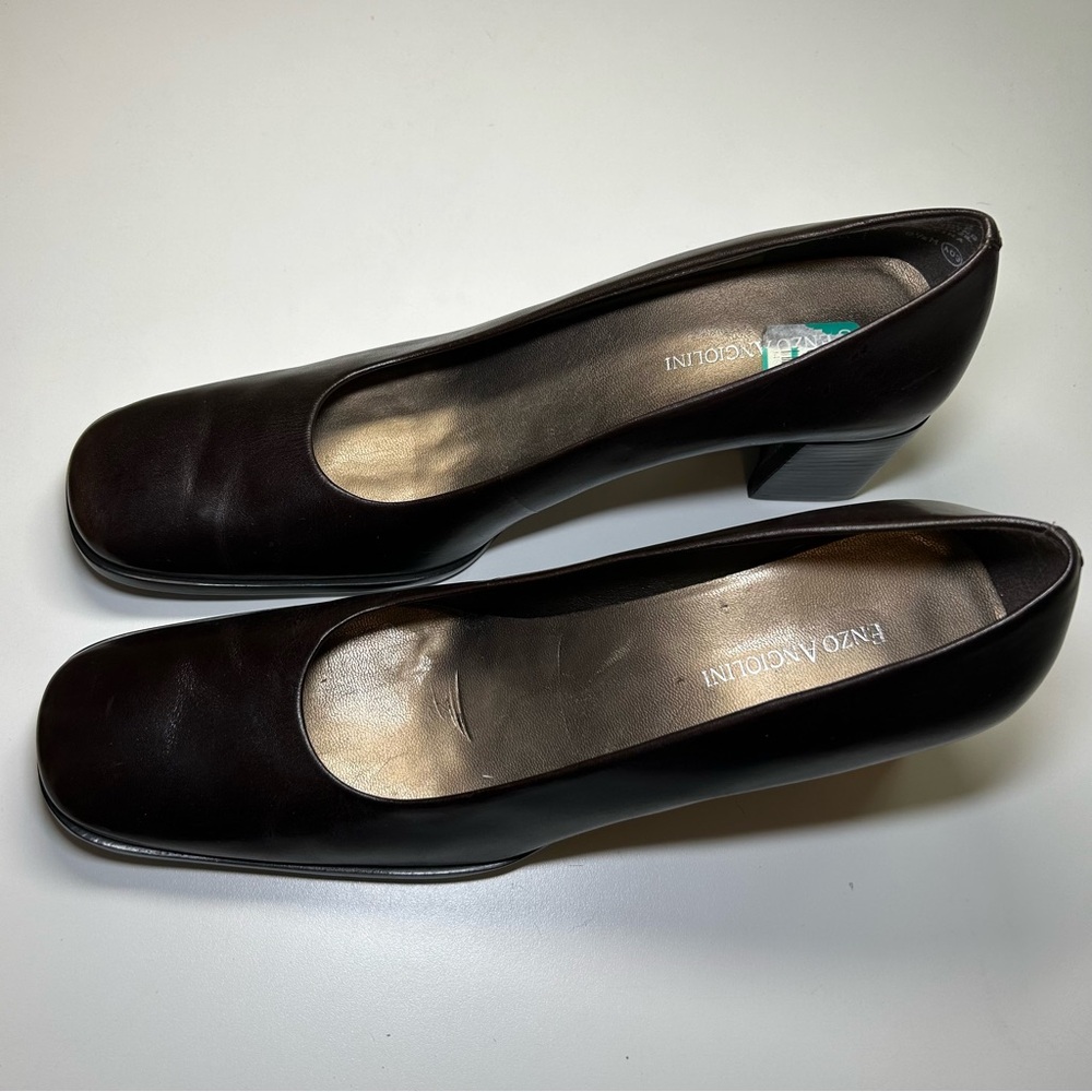 Enzo Angiolini Dark Brown Leather Block Heel Pumps - Picture 5 of 16